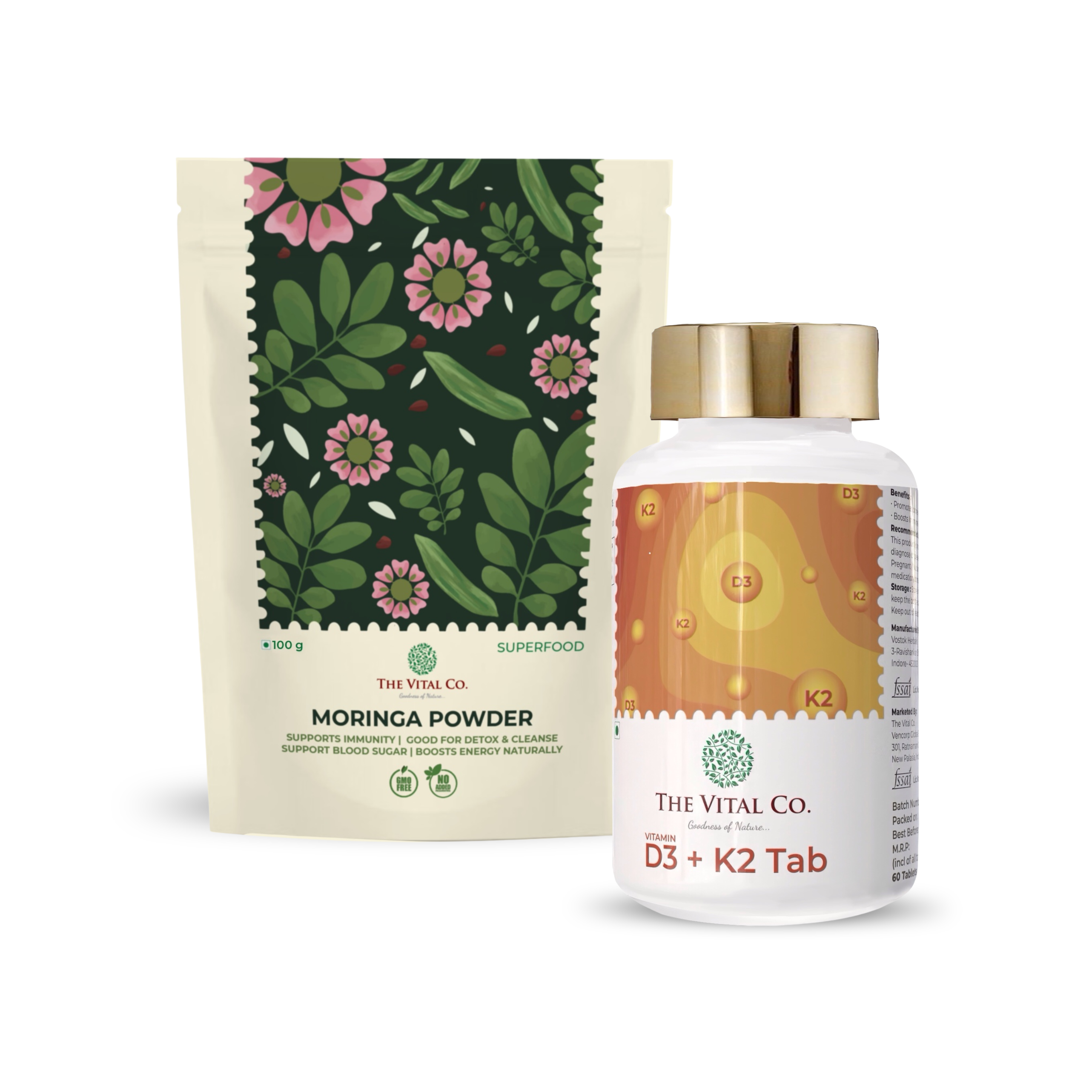 Daily Greens + Immunity Boost Moringa Powder + Vitamin D3 600IU & K2 Tablets